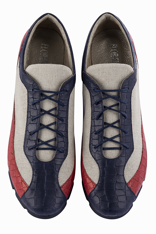 Navy blue, natural beige and cardinal red women's three-tone elegant sneakers. Round toe. Flat rubber soles. Top view - Florence KOOIJMAN